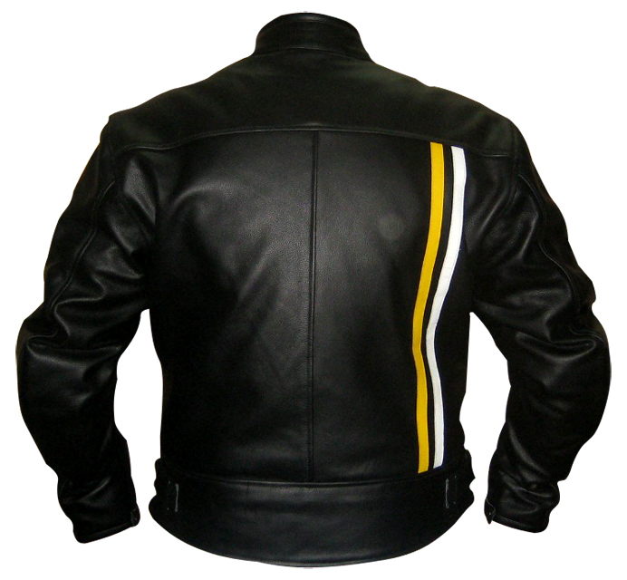 Black Colour Motorbike Leather Jacket with yellow white stripes backside