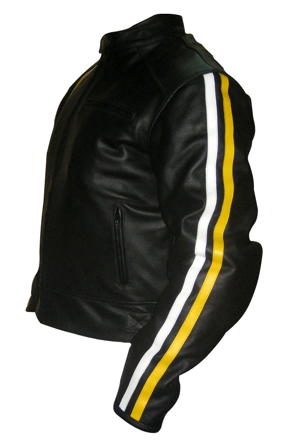 Black Colour Motorbike Leather Jacket with yellow white stripes side
