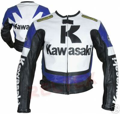 Kawasaki R Motorcycle Blue White and Black Color Leather Jacket
