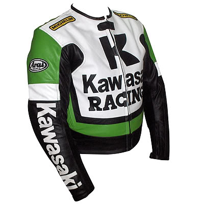 Kawasaki R Racing Motorcycle Leather Jacket Green White and Black Color