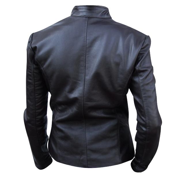 Ladies black color fashion leather jacket backside