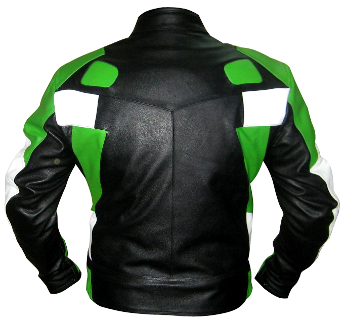 Motorbike leather jacket green black white colour backside