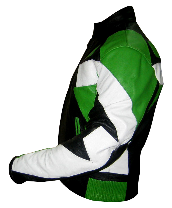 Motorbike leather jacket green black white colour sideview