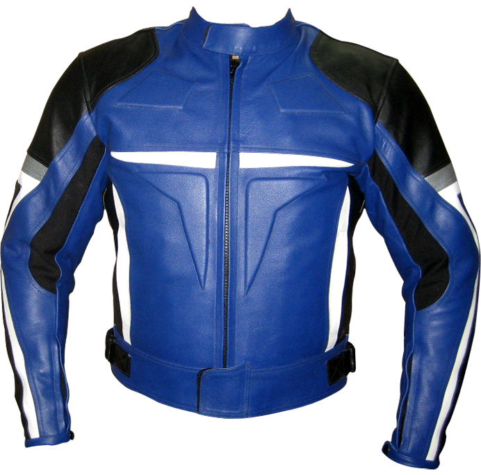 Motorbike leather jacket in blue black white grey colour
