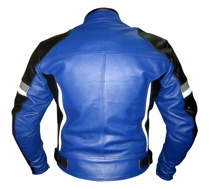 Motorbike leather jacket in blue black white grey colour backside