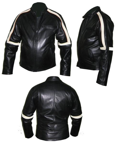  black soft leather jacket  with  white strip on i