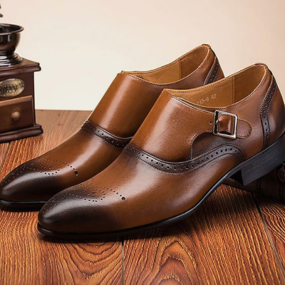Bespoke Men's Brown Color Single Monk Shoes, Leather Brogue Toe Dress Shoes