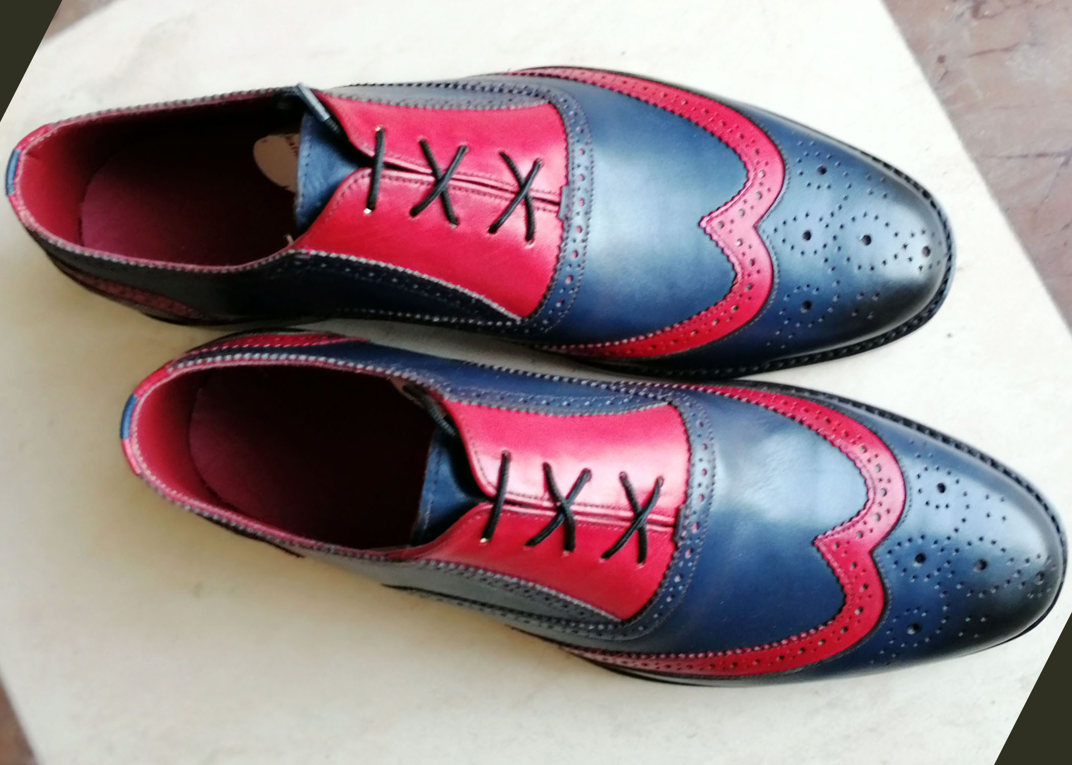 Bespoke Navy Blue Burgundy Wing Tip Brogue Lace Up Shoes