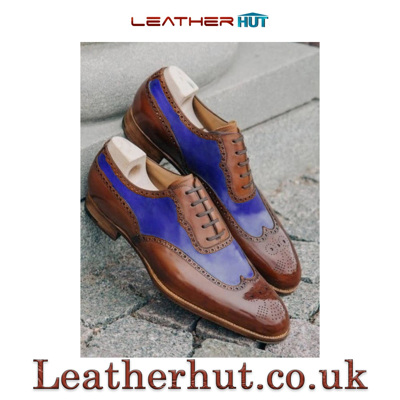 Elegant Blue Brown Wingtip Brogue Oxford Leather Shoes