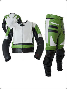 green white black colour two 2 piece motorbike leather suit