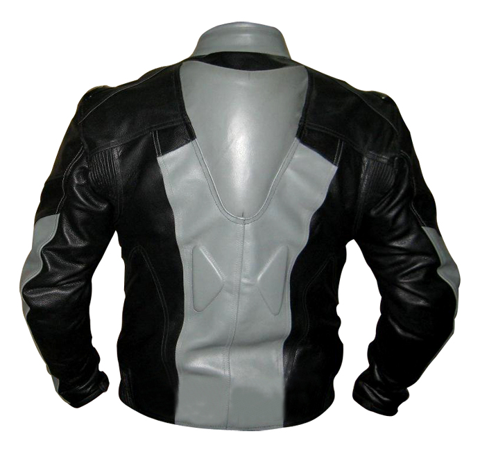 grey and black colour biker leather jacket with back hump sideview