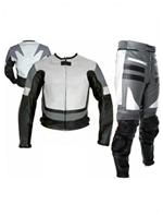 grey white colour two 2 piece motorbike leather suit