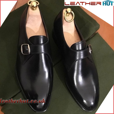 Handmade Black Brogue Leather Classic Monk Strap Formal Shoes