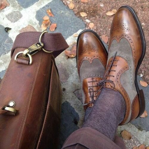 Handmade Brown Grey Color Leather and Suede Wing Tip Brogue