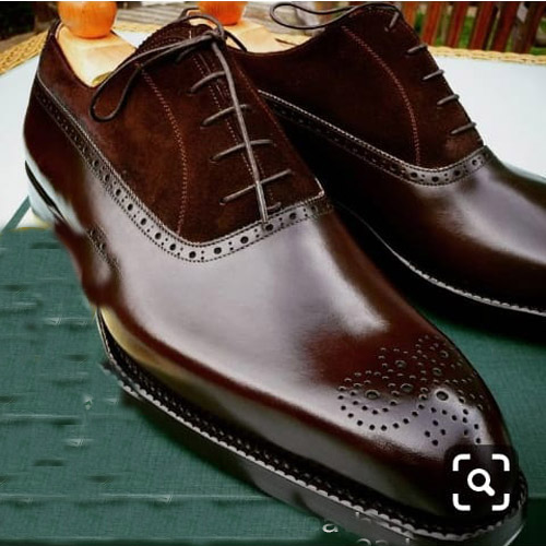 Handmade Chocolate Brown Leather Suede Brogue Toe Shoes, Men's Lace Up Luxury Shoes