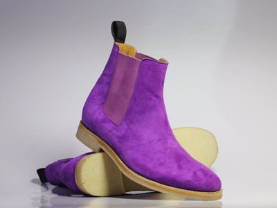 Handmade Men's Genuine Purple Color Suede Chelsea High Ankle Boots