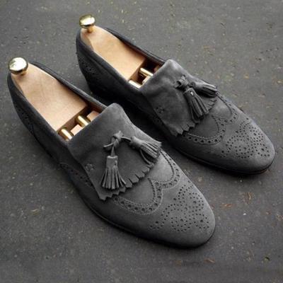 Handmade Men Grey Fringe Loafer Formal Shoes