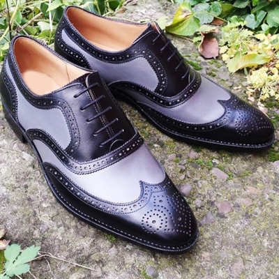 Handmade Men Leather Shoe Black Gray Wing Tip Brogue