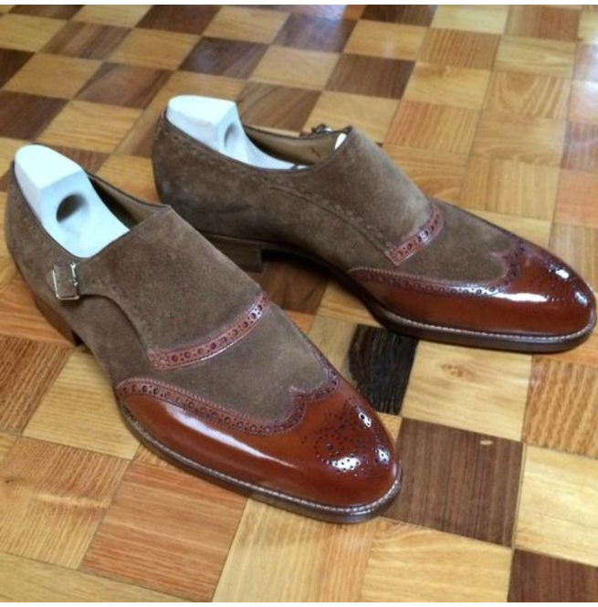 Handmade Men Two Tone Brown and Black Wingtip Shoe