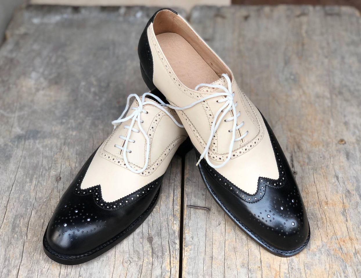 Handmade Men White Black Lace Up Brogue Wing Tip