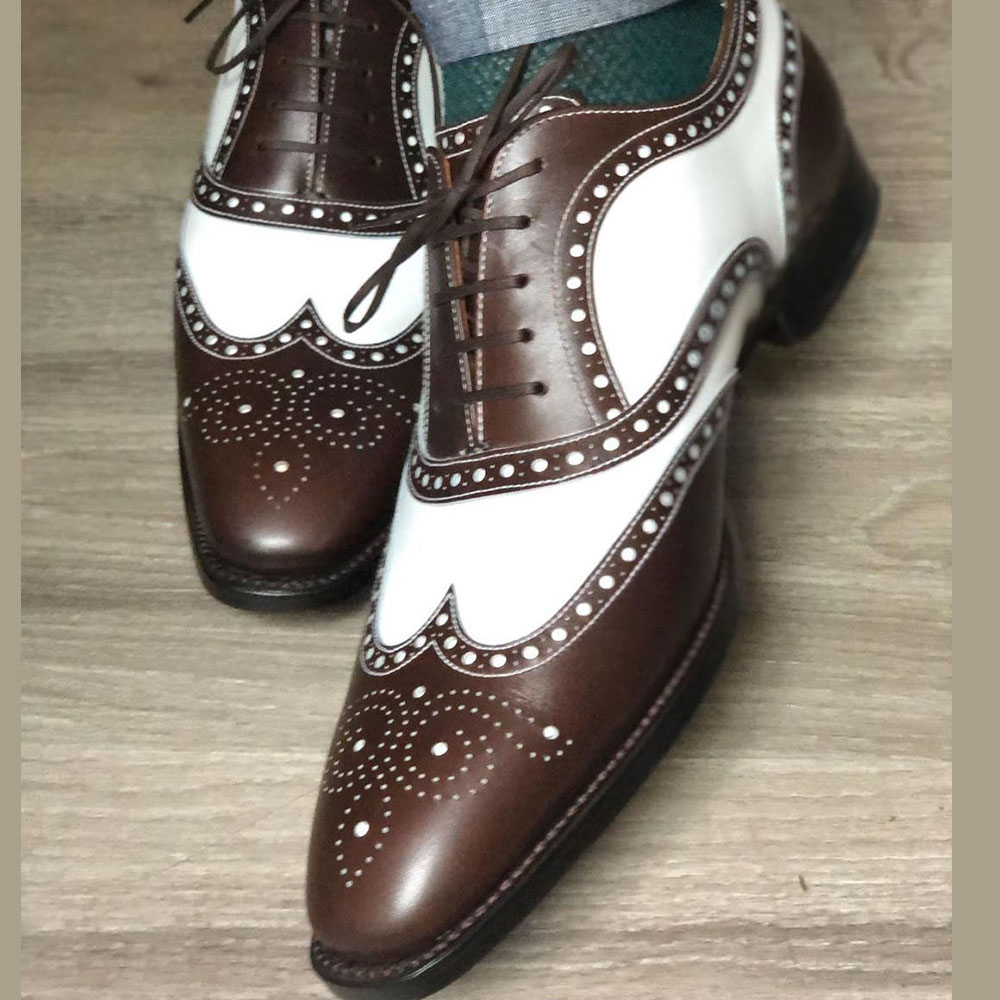 Handmade Mens Brown White Color Leather Wing Tip Brogue