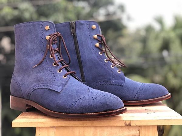Handmade Men’s Navy Colour Suede Wing Tip Brogue Lace Up Dress Boots