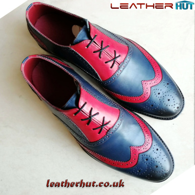 Handmade Pink Navy Blue Leather Stylish Wing Tip Brogue