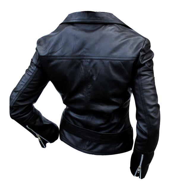 ladies classic motorbike leather jacket black color backside