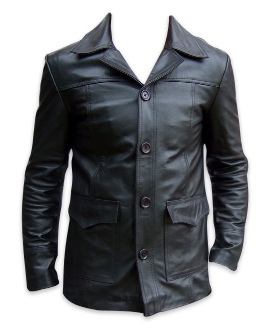 Mens four button black color leather coat