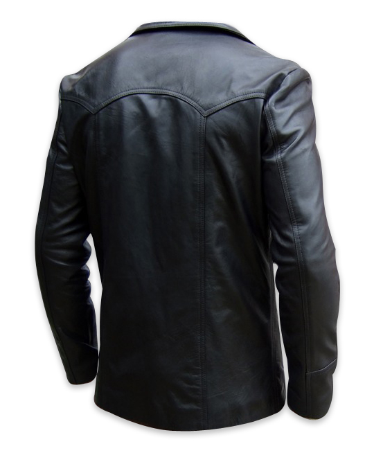 mens four button black color leather coat backside