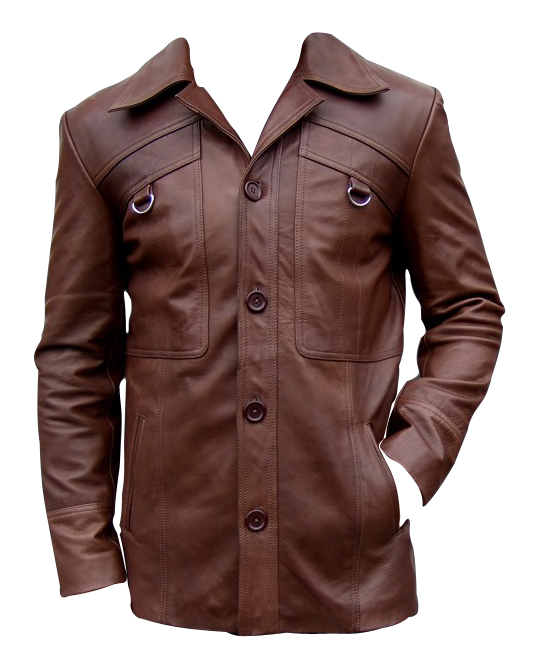 Mens four button brown color leather coat