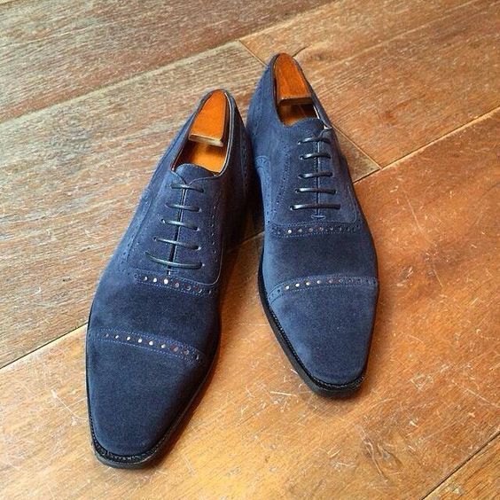 Mens Navy Blue Oxfords Cap Toe Shoes For Sale Handmade