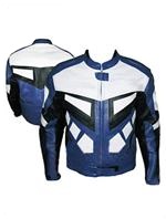 motorbike racing leather jacket in black white blue colour