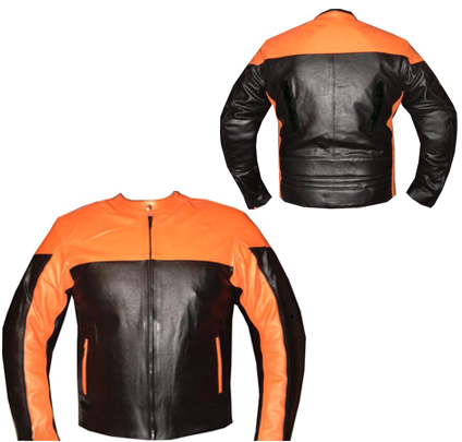 orange and black colour motorbike leather jacket backside