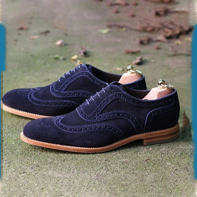 Stylish Navy Wing Tip Brogue Dress Formal Suede Shoes