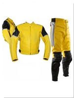two piece motobike leather suit yellow black silver colour