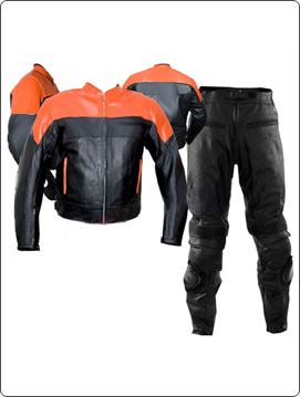 Two piece orange black colour motorbike leather suit